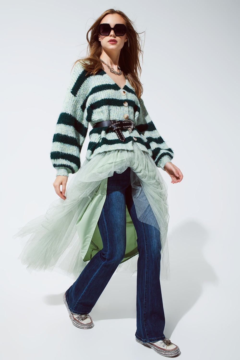 Super Fluffy Oversized Cardigan in Striped Green Design