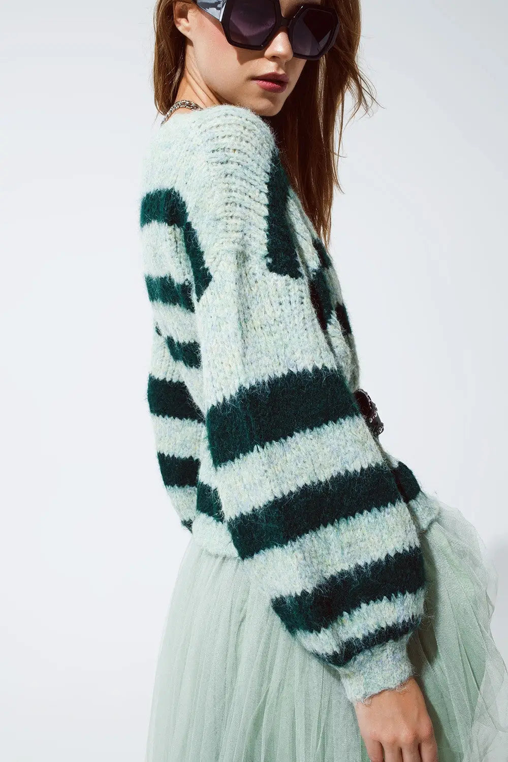 Super Fluffy Oversized Cardigan in Striped Green Design - One Size / Green - Sweaters