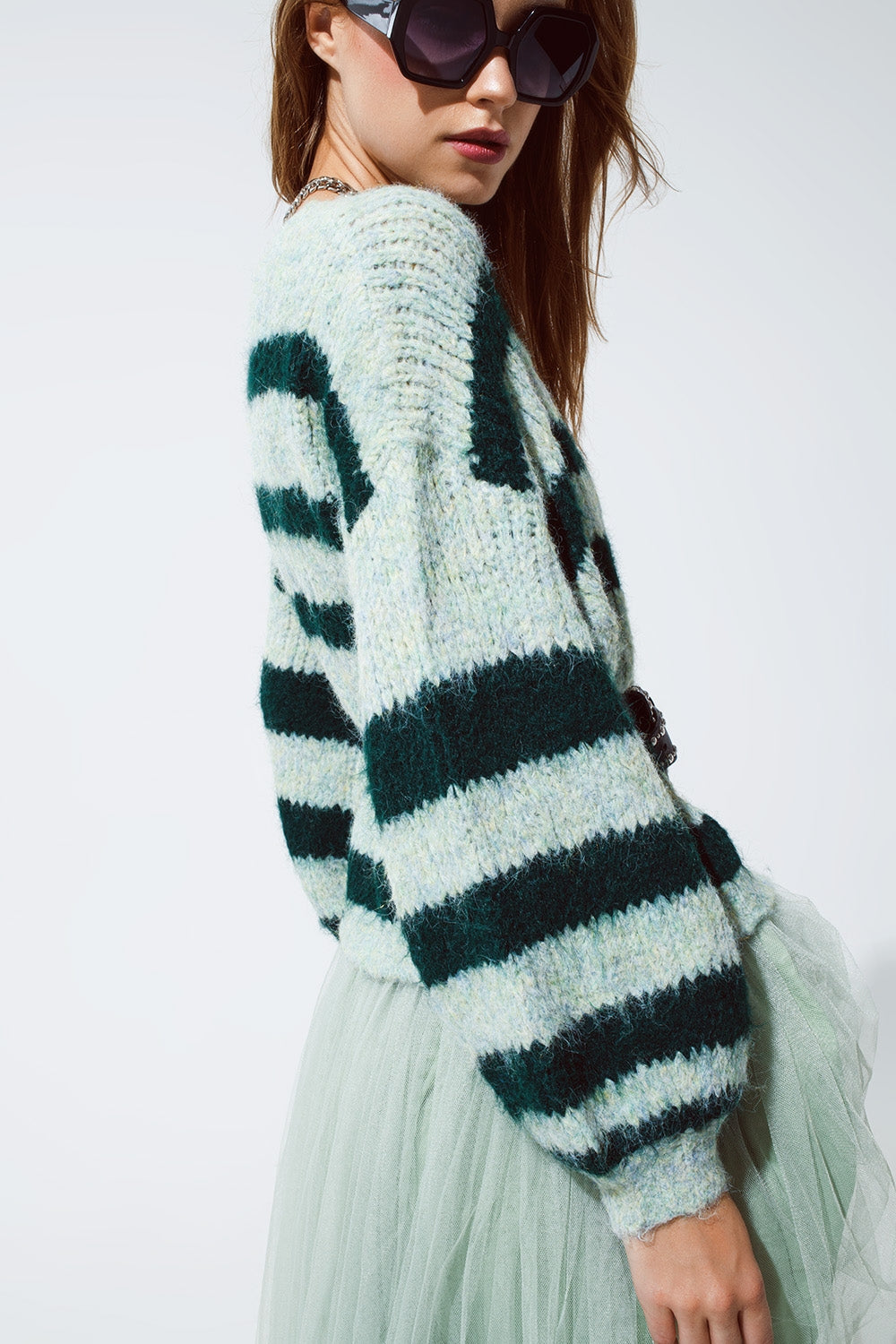 Super Fluffy Oversized Cardigan in Striped Green Design