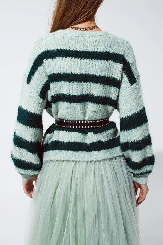 Super Fluffy Oversized Cardigan in Striped Green Design - One Size / Green - Sweaters