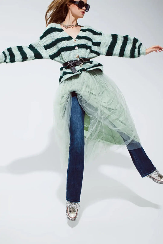 Super Fluffy Oversized Cardigan in Striped Green Design - One Size / Green - Sweaters