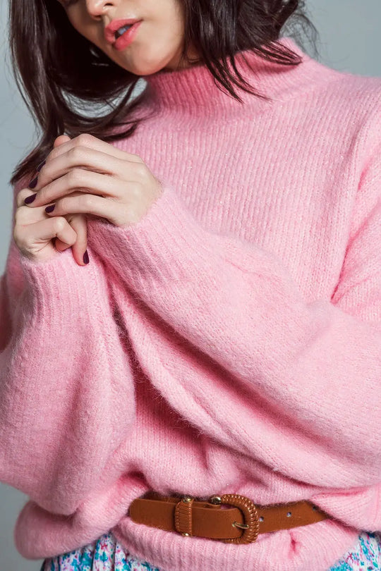 Super Oversized Jumper With High Neck and Balloon Sleeves in Pink - One Size / Pink - Sweaters