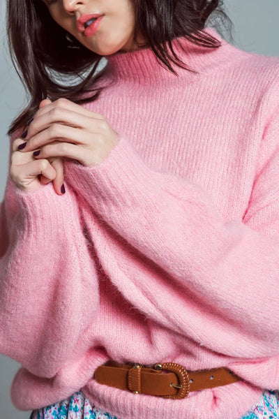 Super Oversized Jumper With High Neck and Balloon Sleeves in Pink - One Size / Pink - Sweaters