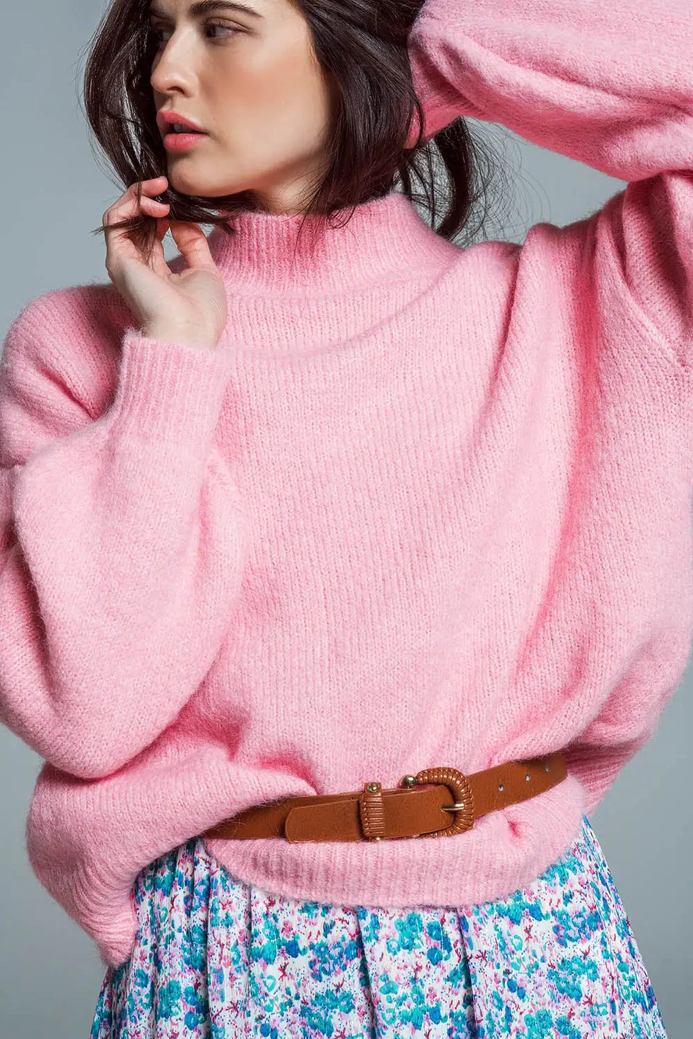 Super Oversized Jumper With High Neck and Balloon Sleeves in Pink - One Size / Pink - Sweaters
