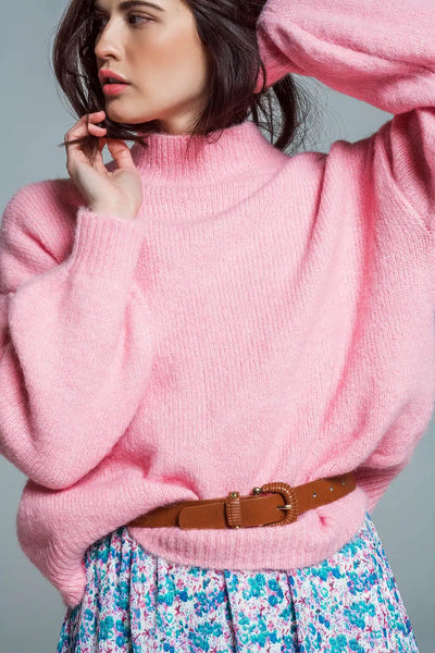 Super Oversized Jumper With High Neck and Balloon Sleeves in Pink - One Size / Pink - Sweaters