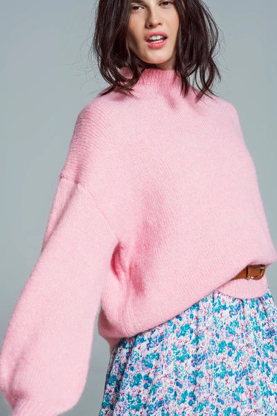 Super Oversized Jumper With High Neck and Balloon Sleeves in Pink - One Size / Pink - Sweaters