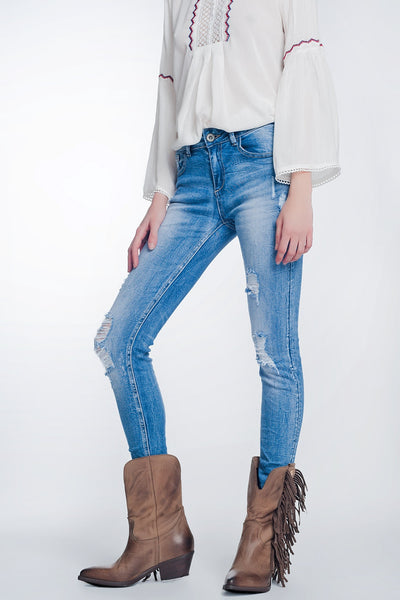 Q2 super skinny jeans in vintage mid wash blue with heavy rips