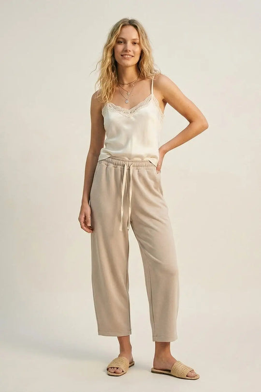 Super-Soft Knit Jogger Pants in beige with Drawstring Waist - One Size / Beige - Pants