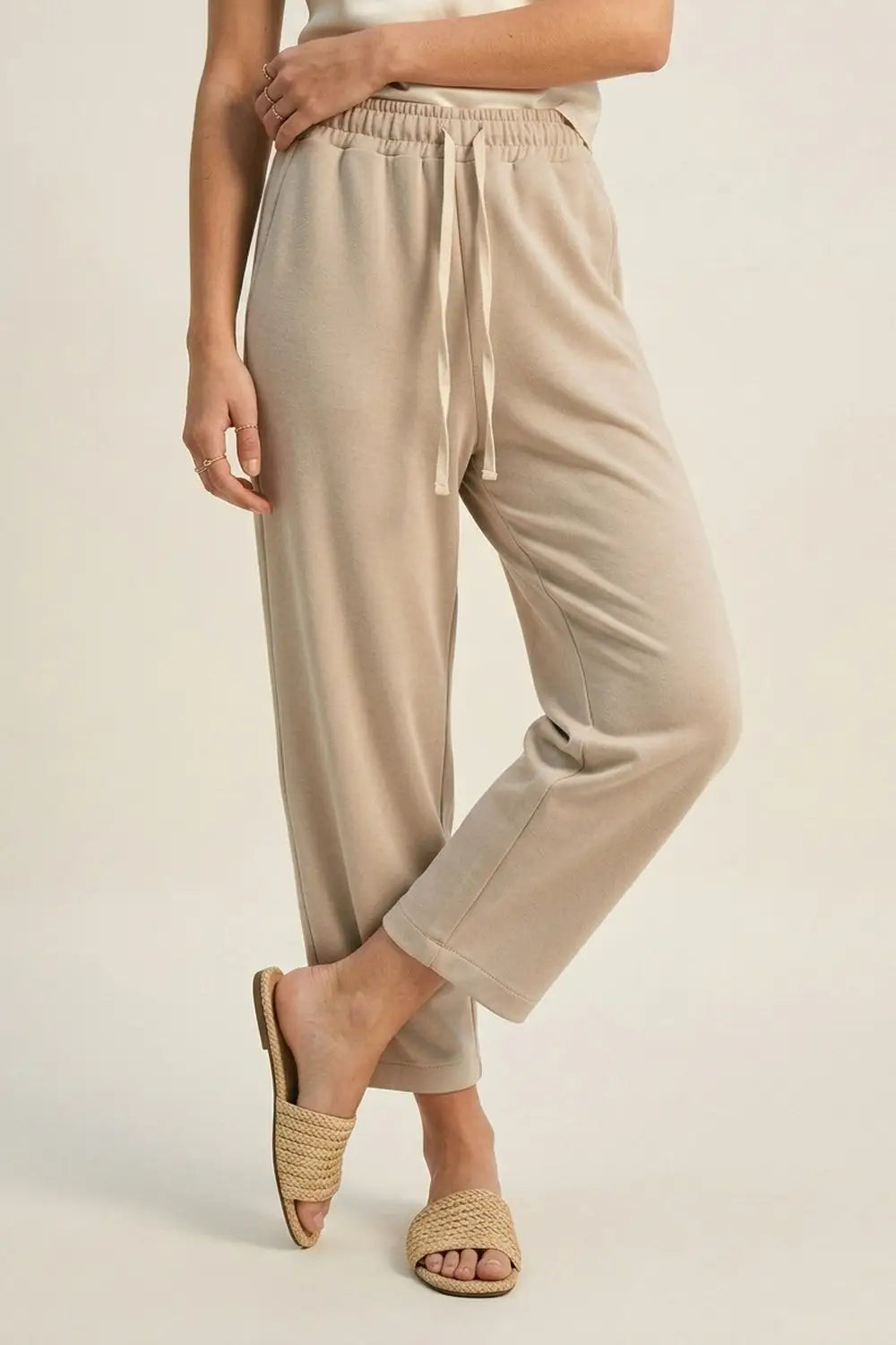 Q2 Super-Soft Knit Jogger Pants in beige with Drawstring Waist