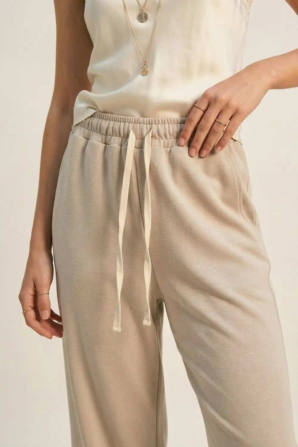 Super-Soft Knit Jogger Pants in beige with Drawstring Waist - One Size / Beige - Pants
