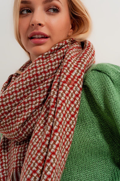 Super soft red scarf with geometric print