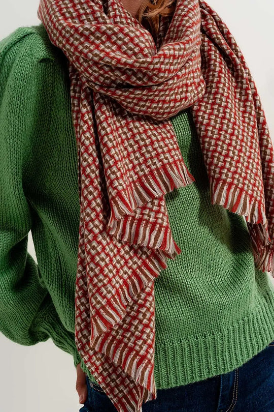 Super soft red scarf with geometric print - One Size / Red - Scarves & Hats