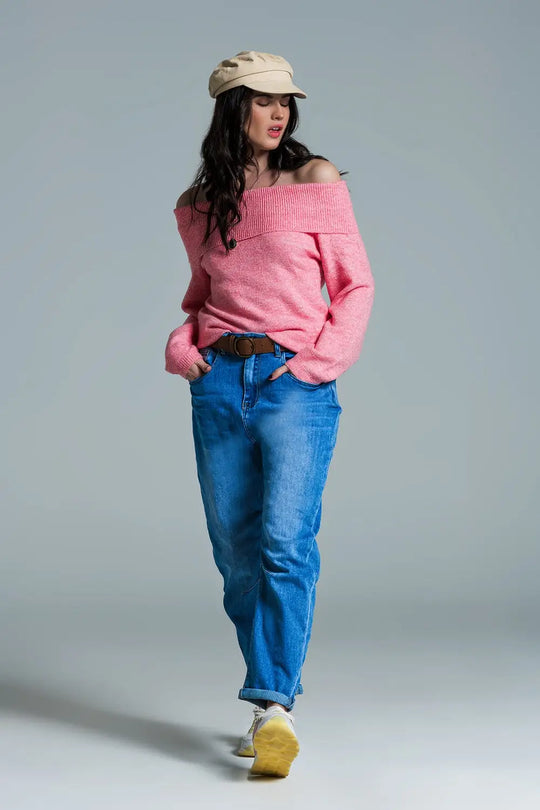 Super soft relaxed pink sweater with boat neckline - One Size / Pink - Sweaters