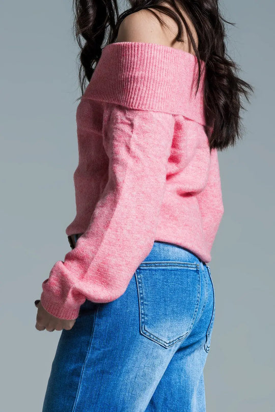 Super soft relaxed pink sweater with boat neckline - One Size / Pink - Sweaters