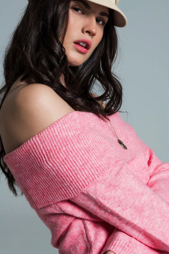 Super soft relaxed pink sweater with boat neckline - One Size / Pink - Sweaters