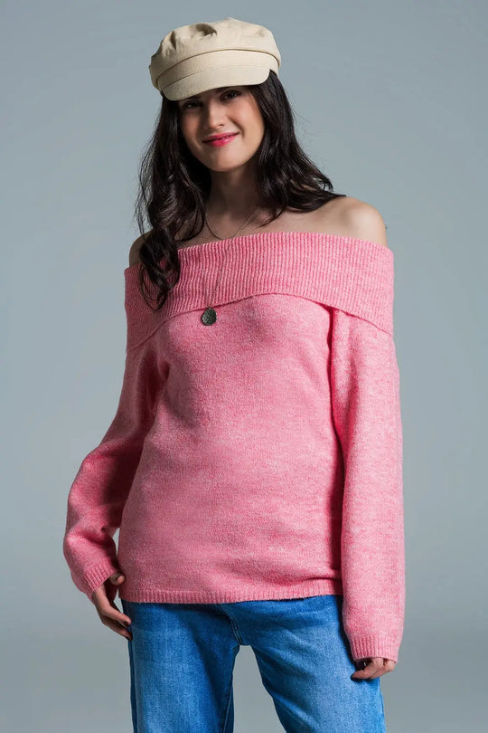 Super soft relaxed pink sweater with boat neckline - One Size / Pink - Sweaters