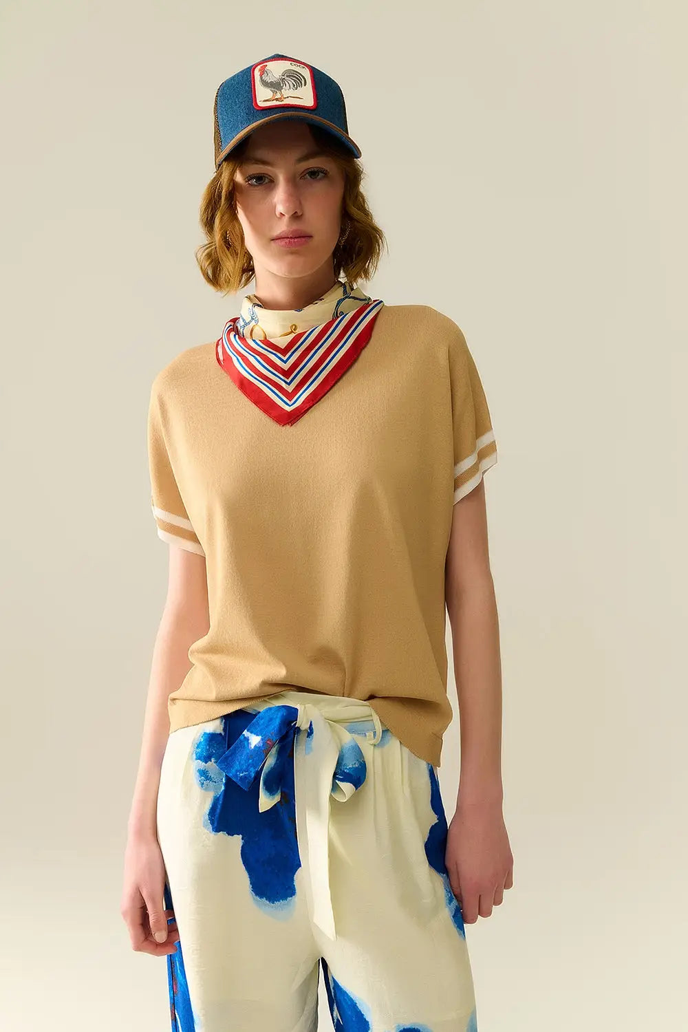 Q2 Sweater In Camel with white contrast detail