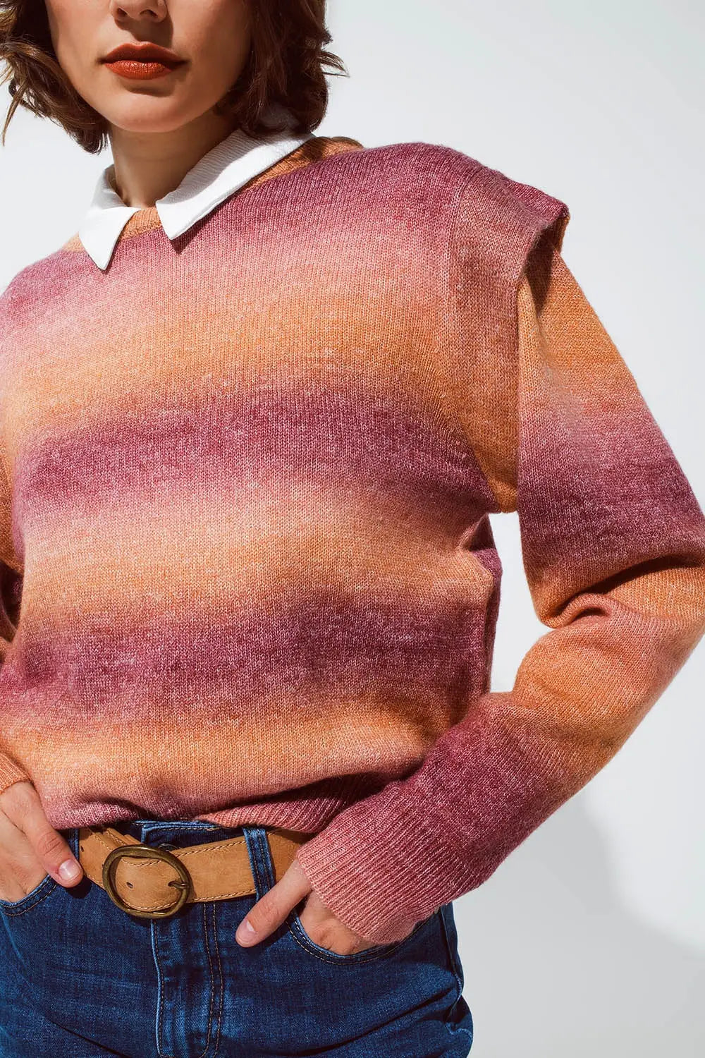Sweater in orange and red ombre design with round neck and sleeve details - Sweaters