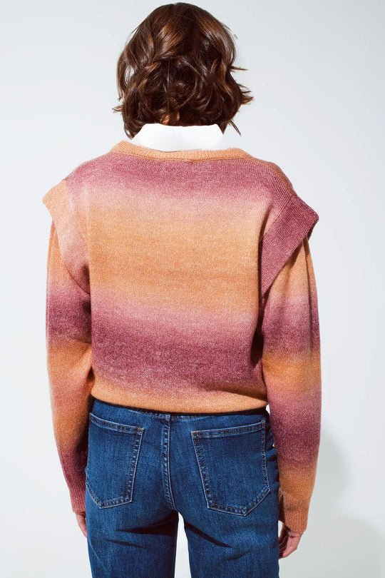 Sweater in orange and red ombre design with round neck and sleeve details - Sweaters