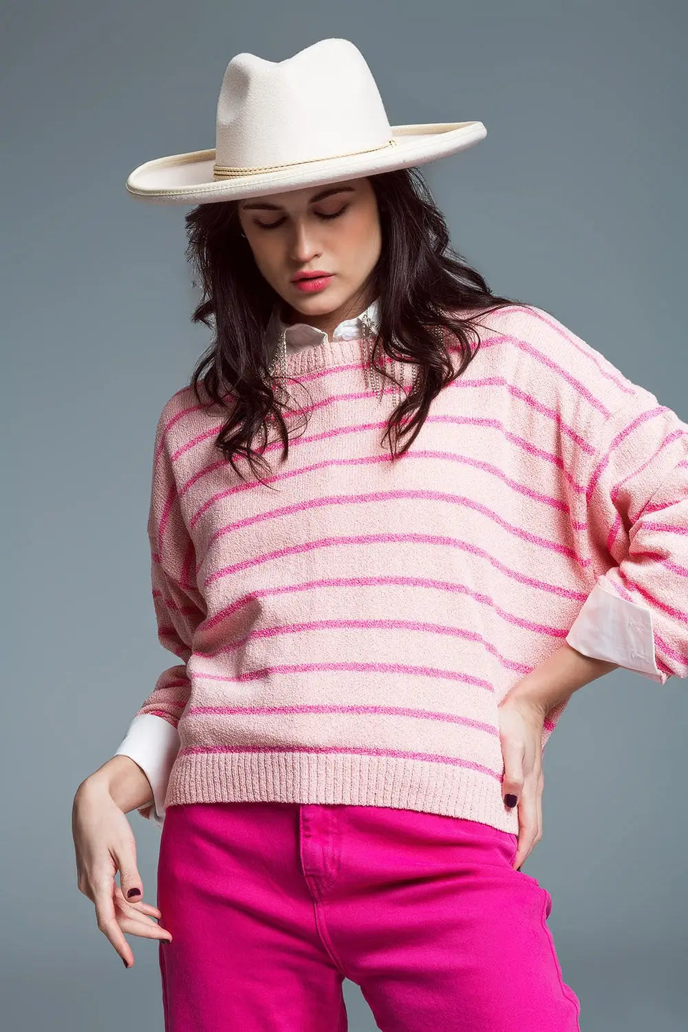 Sweater With Drop Shoulders with Fuchsia Stripes - Sweaters
