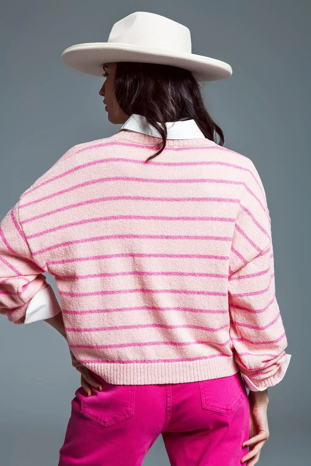 Sweater With Drop Shoulders with Fuchsia Stripes - Sweaters