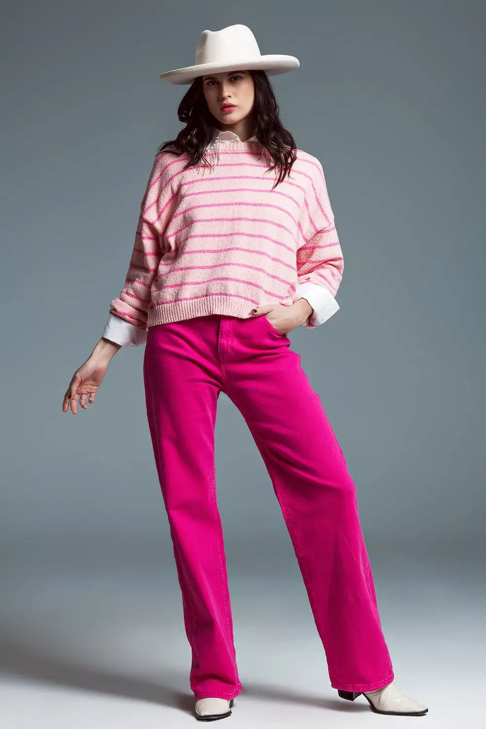 Sweater With Drop Shoulders with Fuchsia Stripes - Sweaters