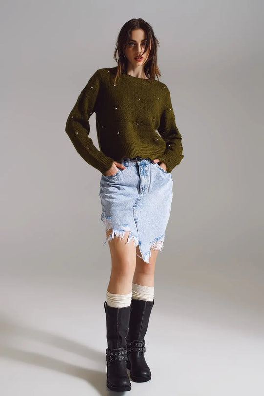 Sweater with Knitted Flowers and strass embellished in khaki - One Size / Green - Sweaters