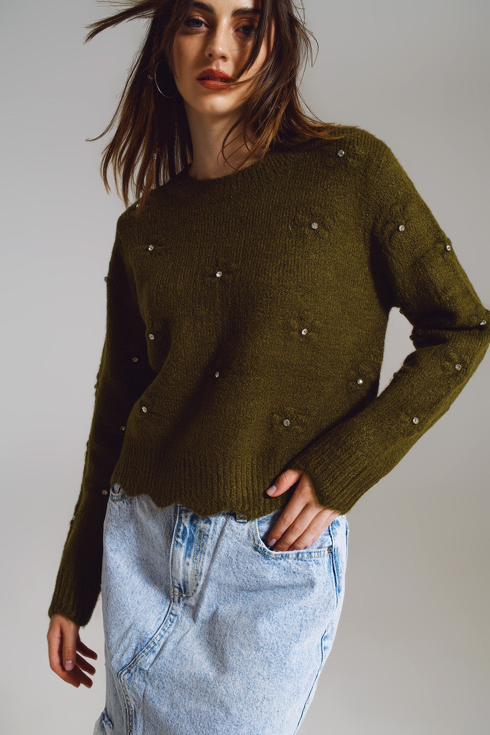 Sweater with Knitted Flowers and strass embellished in khaki