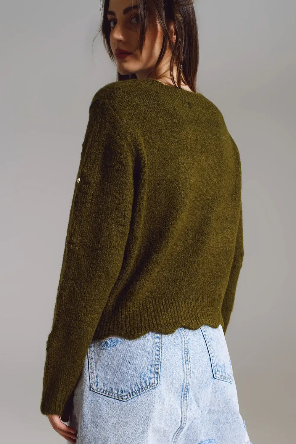 Sweater with Knitted Flowers and strass embellished in khaki - One Size / Green - Sweaters