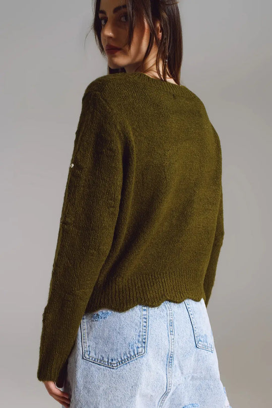Sweater with Knitted Flowers and strass embellished in khaki - One Size / Green - Sweaters