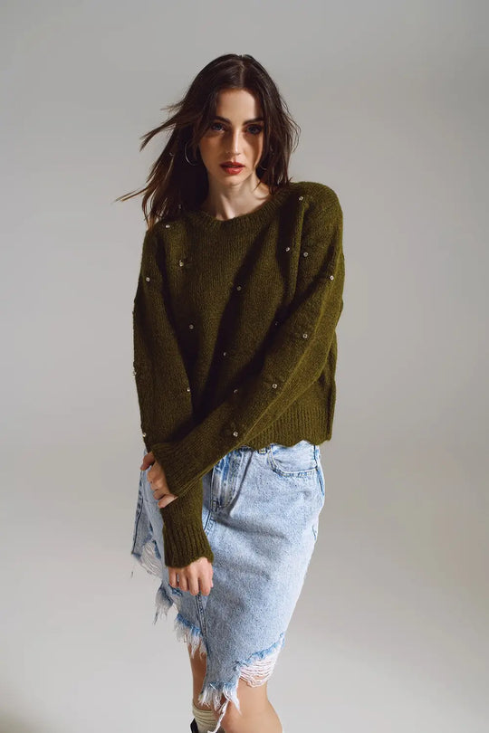 Sweater with Knitted Flowers and strass embellished in khaki - One Size / Green - Sweaters