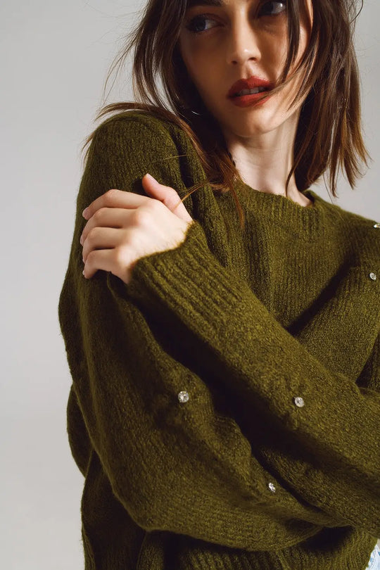 Sweater with Knitted Flowers and strass embellished in khaki - One Size / Green - Sweaters