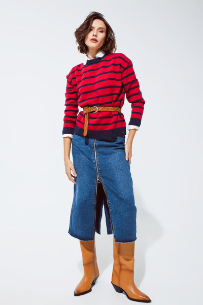 Red sweater with blue stripes and a white crew neck