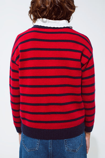 Red sweater with blue stripes and a white crew neck