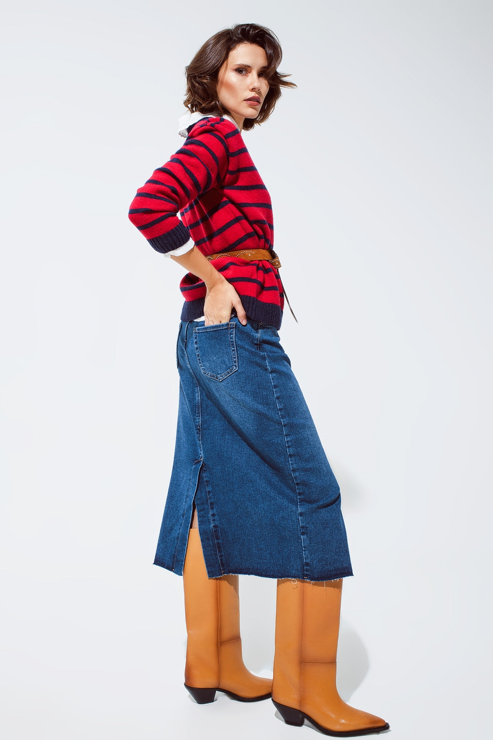 Red sweater with blue stripes and a white crew neck