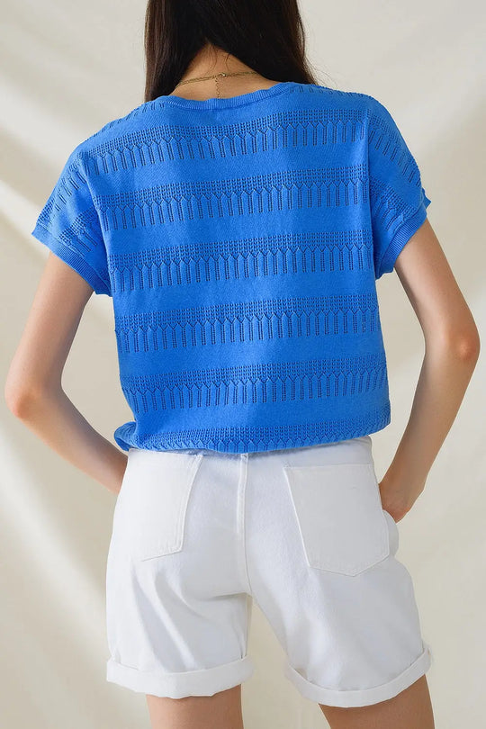 Sweatshirt en bleu avec motif en dentelle et manches courtes - Pulls