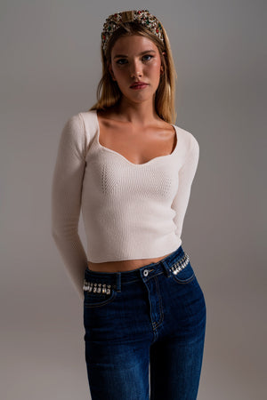 Q2 Sweetheart Neckline Chenille Sweater in cream