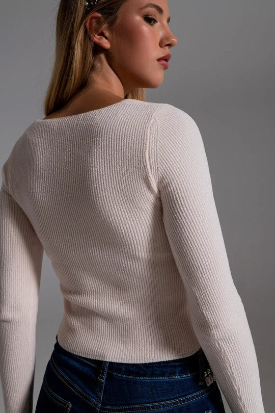 Sweetheart Neckline Chenille Sweater in cream - Sweaters