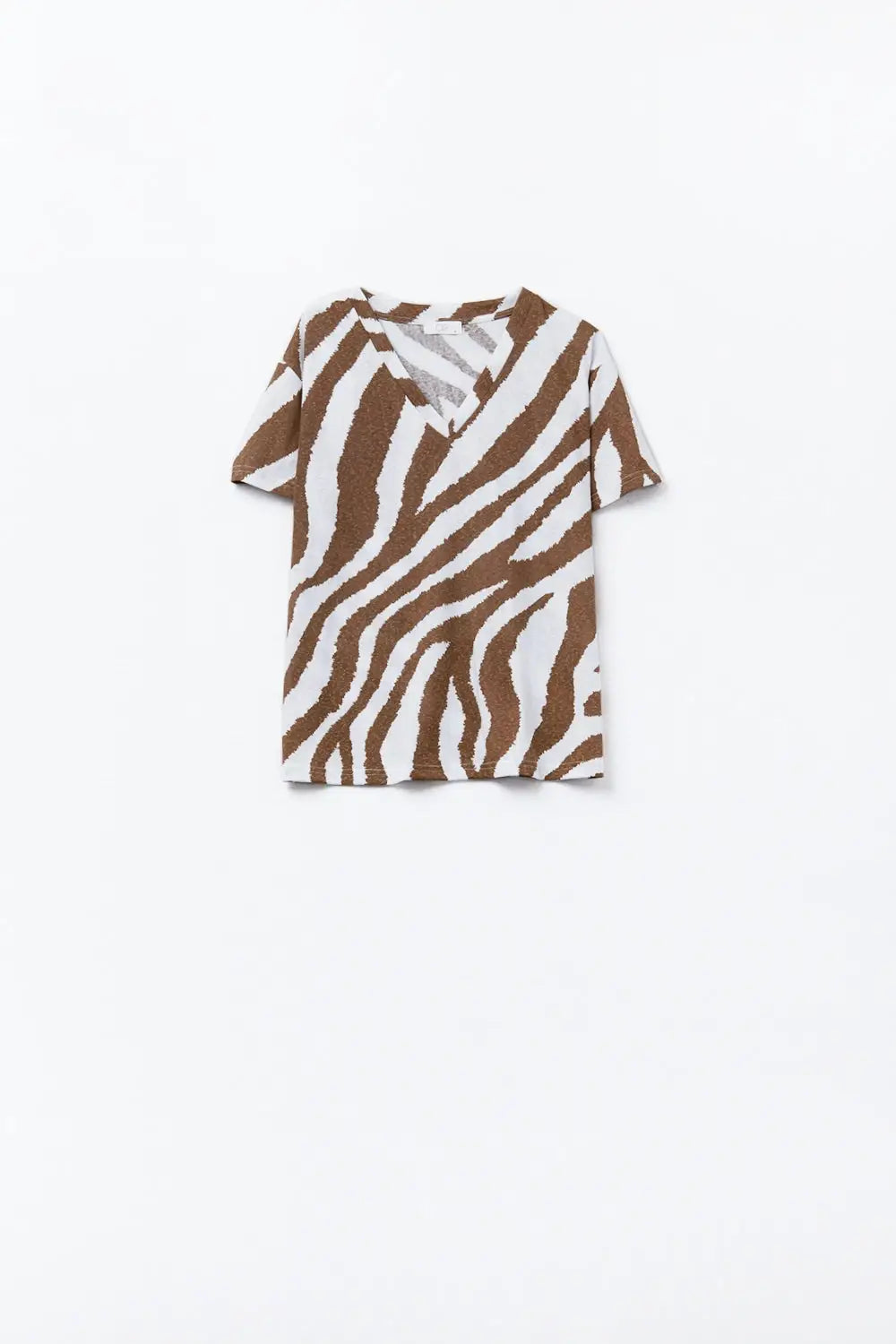 Q2 T-shirt à col en V avec imprimé zébré camel