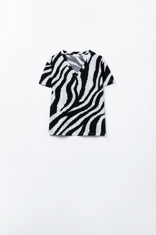 T-shirt à col en V avec imprimé zébré noir - Tops