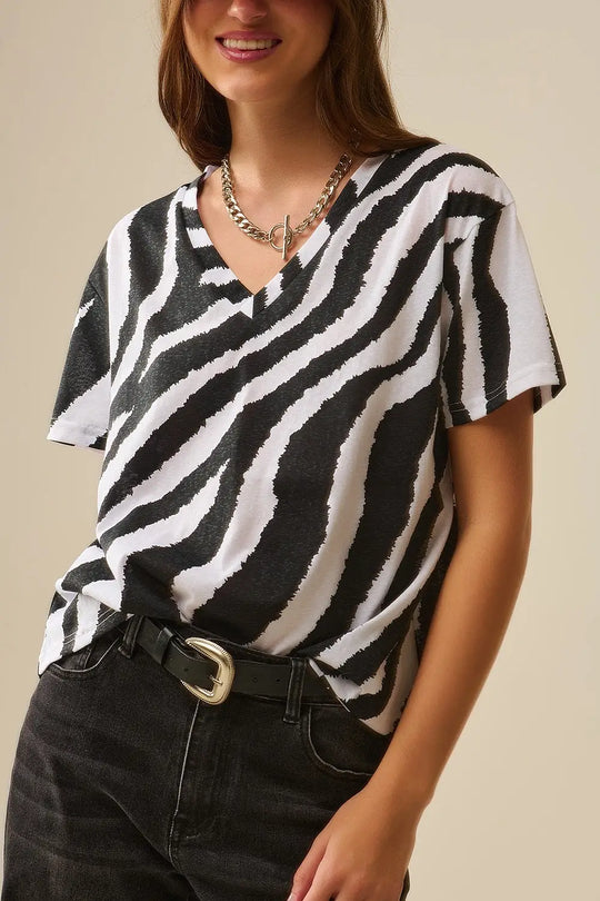 T-shirt à col en V avec imprimé zébré noir - Tops