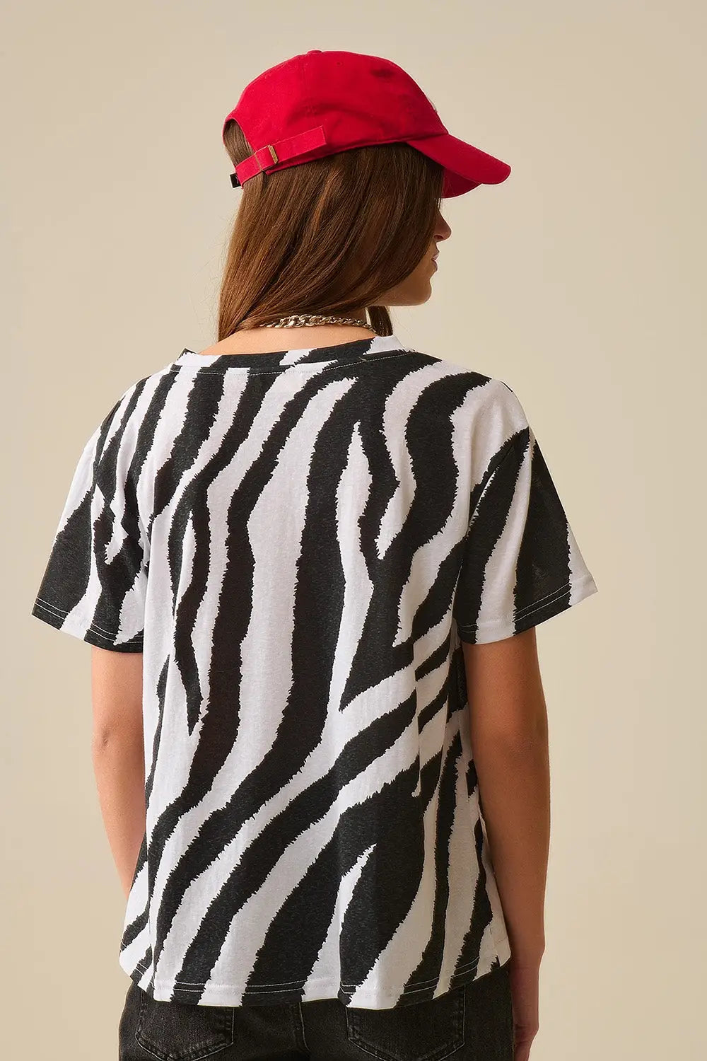 T-shirt à col en V avec imprimé zébré noir - Tops