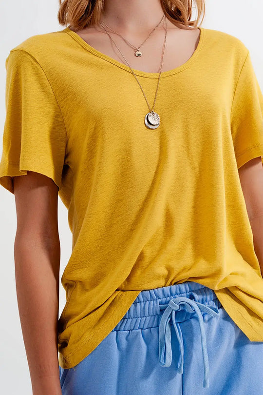 T-shirt à encolure dégagée en lin mélangé jaune - Tops