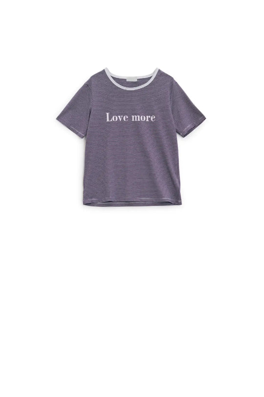 T-shirt blanc à rayures noires avec texte Love More - Tops