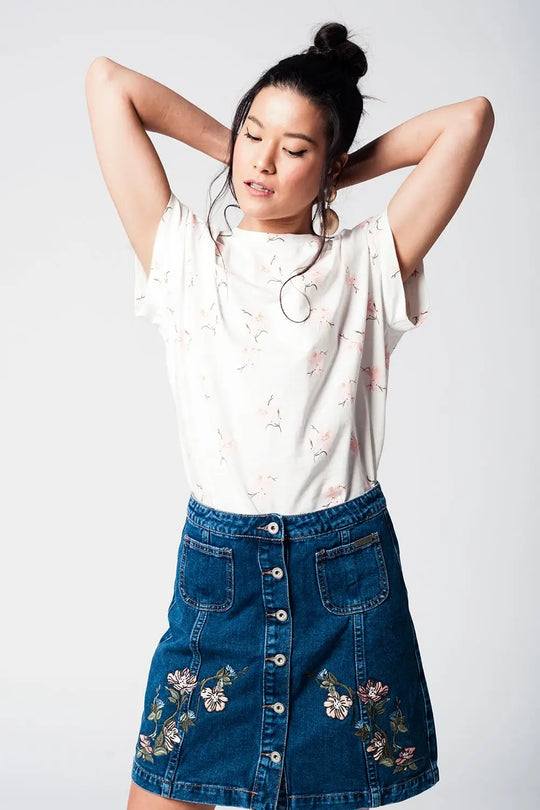 T-shirt blanc motif floraux - Tops