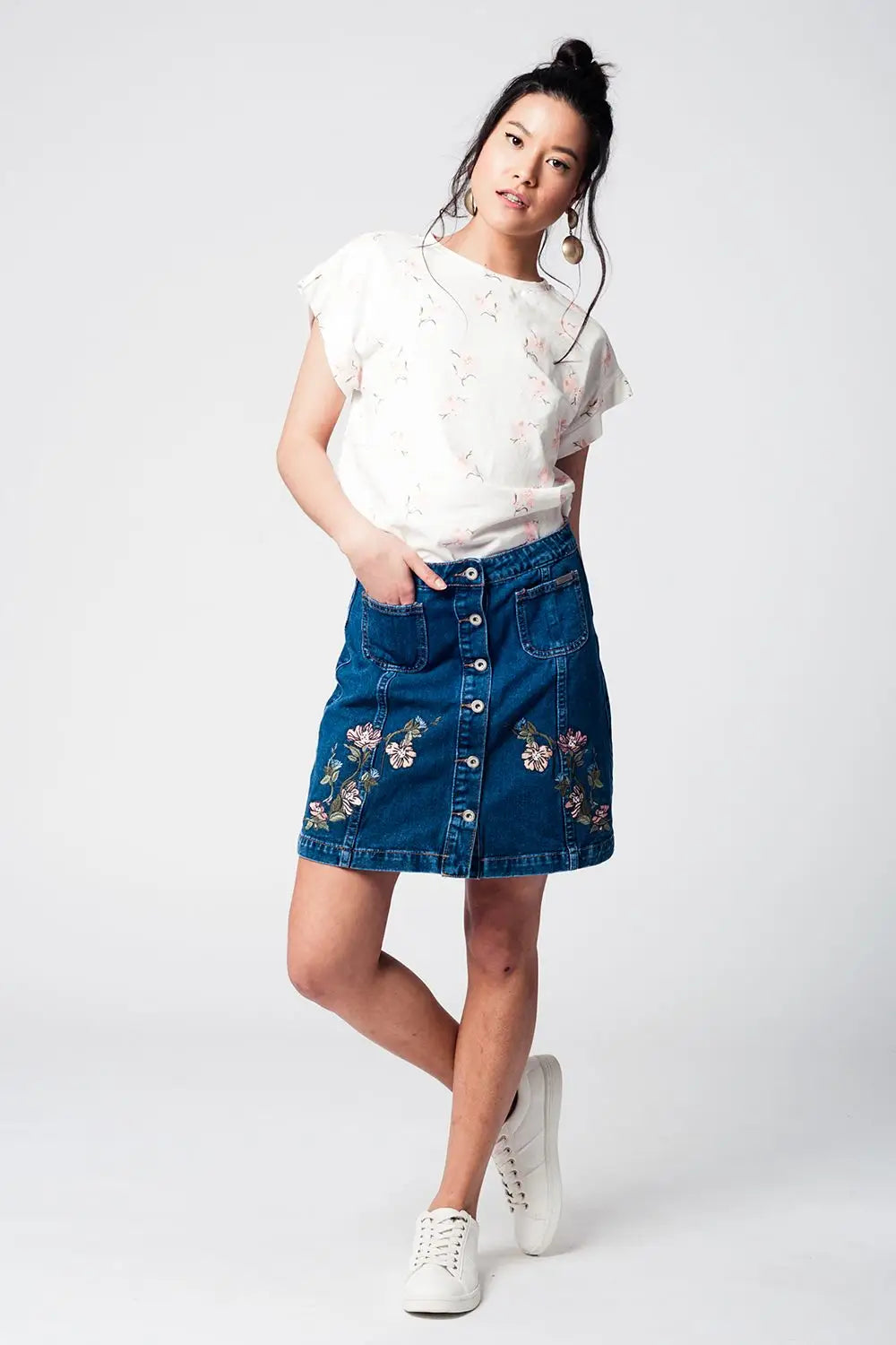 T-shirt blanc motif floraux - Tops