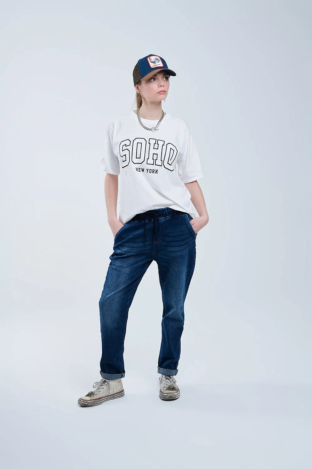 T-shirt blanc oversize avec Soho New York sur le devant - One Size / blanc - Tops