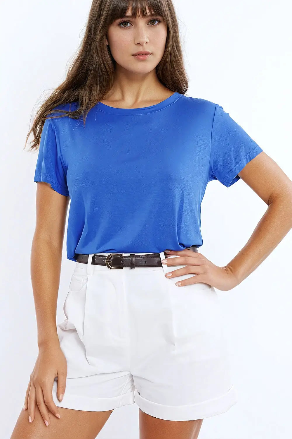 Q2 T-shirt bleu basique à col ras du cou viscose