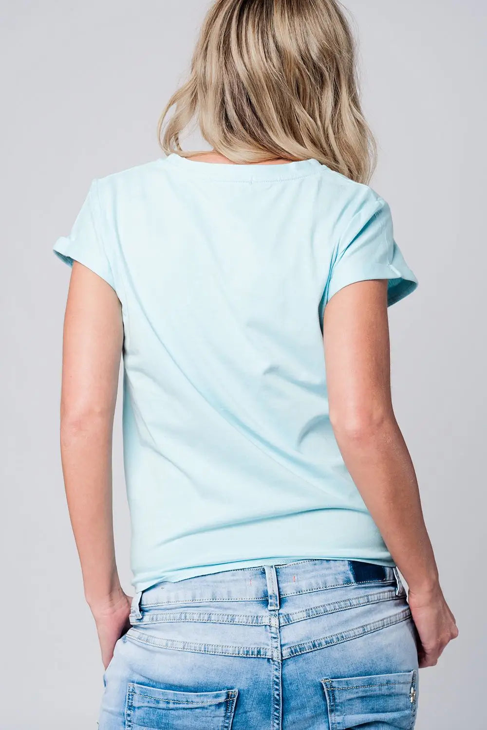 T-shirt bleu ciel détails strass - Tee-Shirt