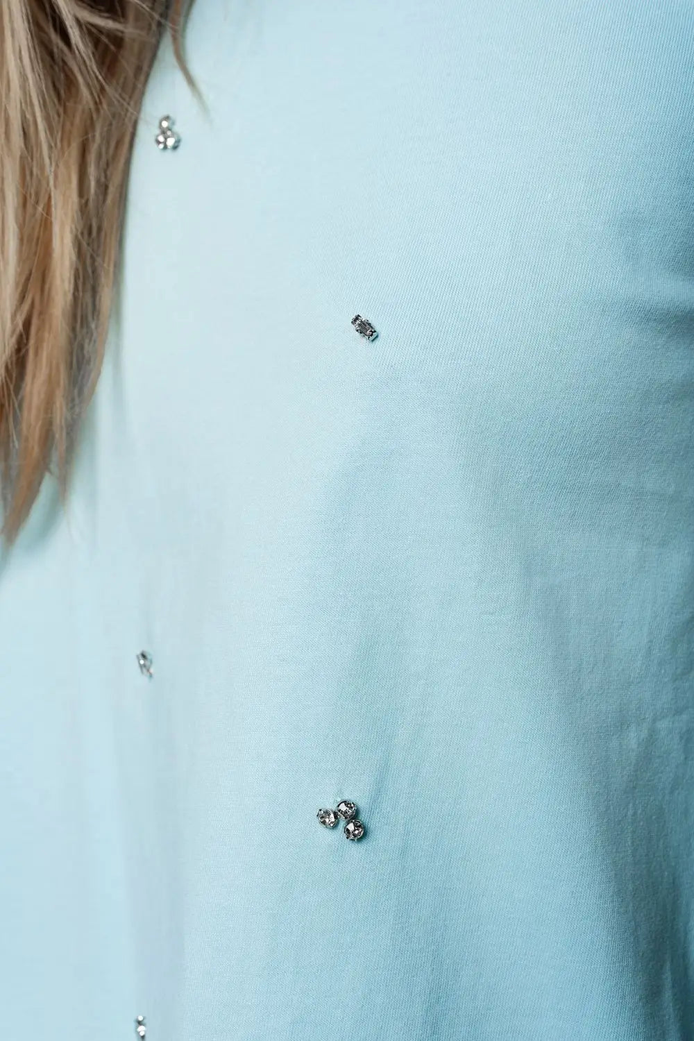 T-shirt bleu ciel détails strass - Tee-Shirt